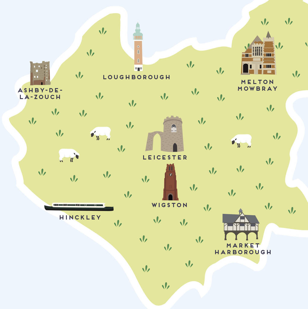 Illustrated Leicestershire Map Print Pepper Pot Studios